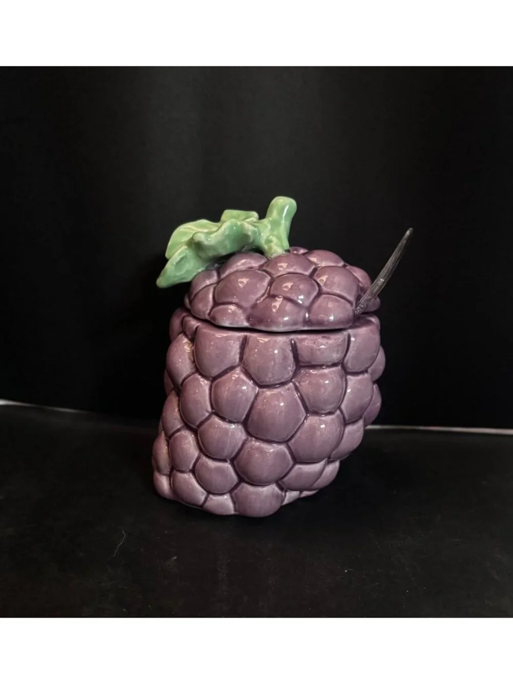 Ceramic Purple Grape Jam Sugar Jar With Lid Spoon Green Leaf Accent Vintage 80s